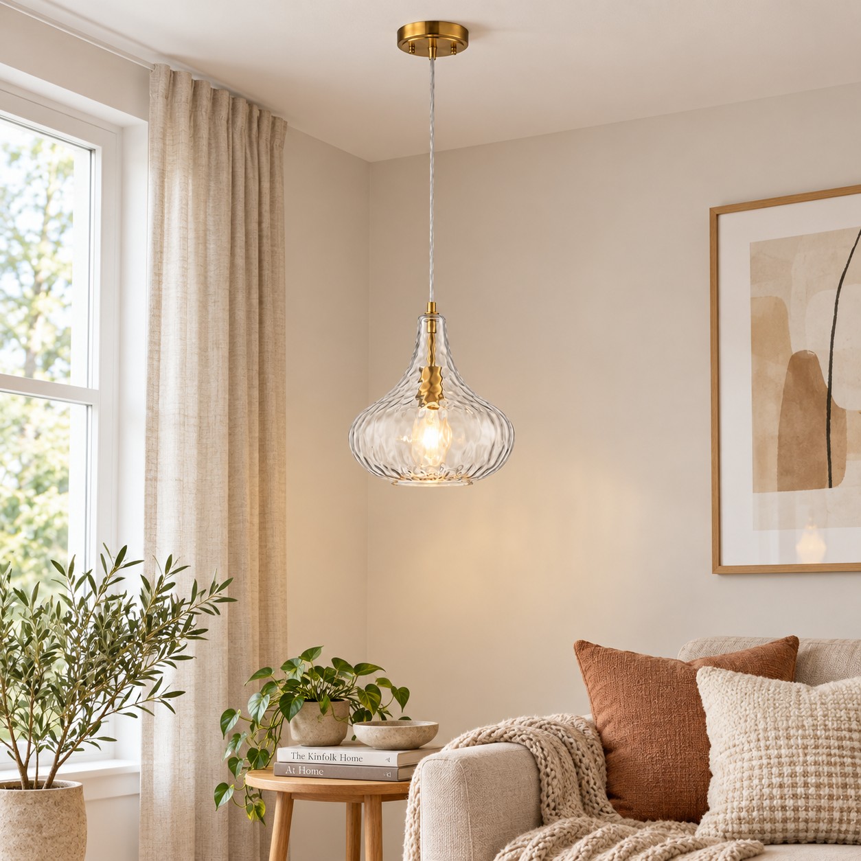 Vintage Textured Glass Pendant with hammered or ripple glass and three metal finishes