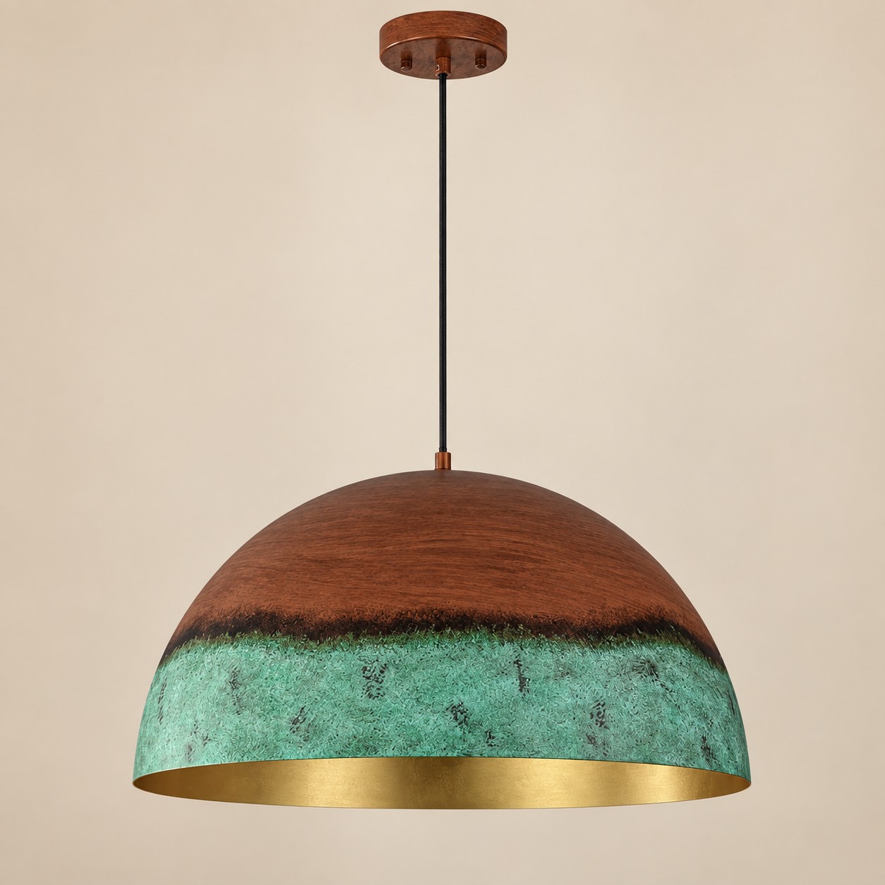 Copper Patina Dome Pendant with textured iron and two shade sizes