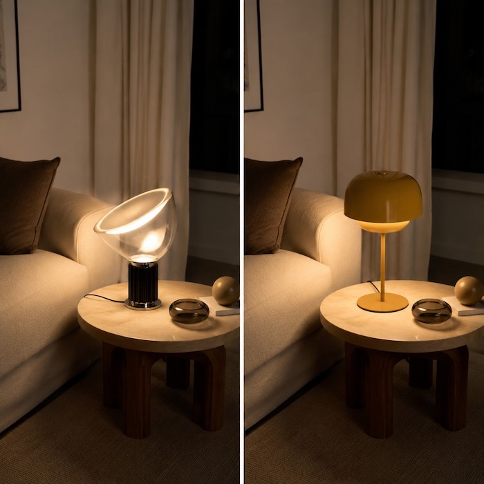 Glass table lamp creating ambient light beside a separate shaded reading lamp