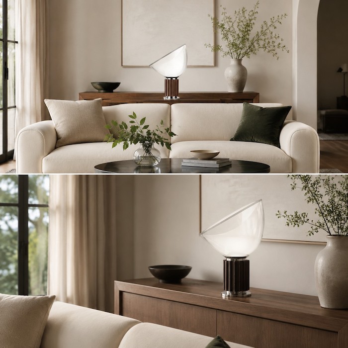 Clear glass bowl lamp moved sideways so the reflector leaves the seated sightline