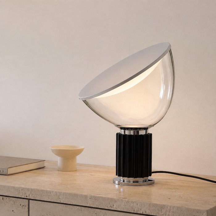 Clear glass bowl lamp and opaque metal lamp photographed from the same living-room viewpoint