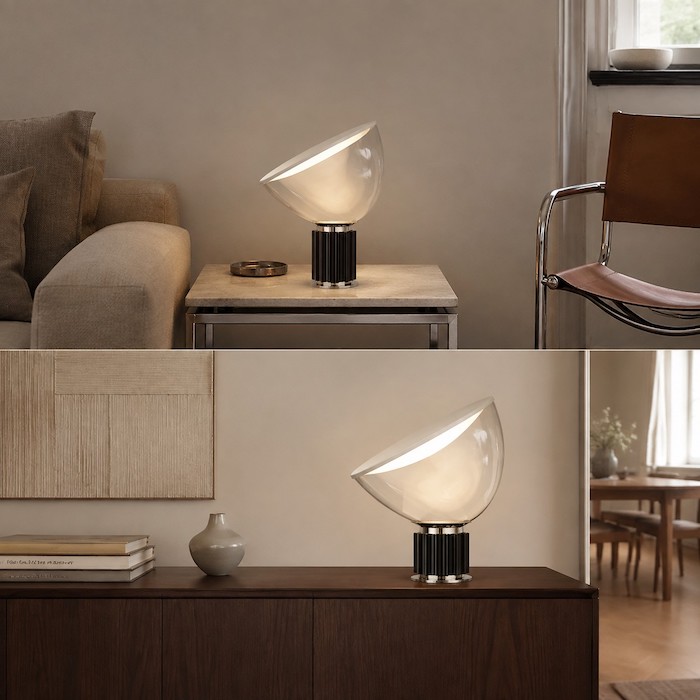 Small and large glass bowl lamps shown on correctly scaled side table and console surfaces