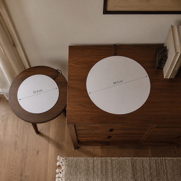 Paper footprint templates for large and small glass bowl lamps on different furniture
