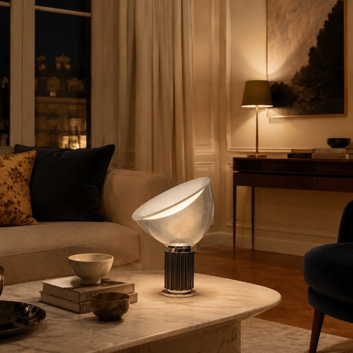 Glass bowl lamp and a low shaded source creating comfortable balanced evening light