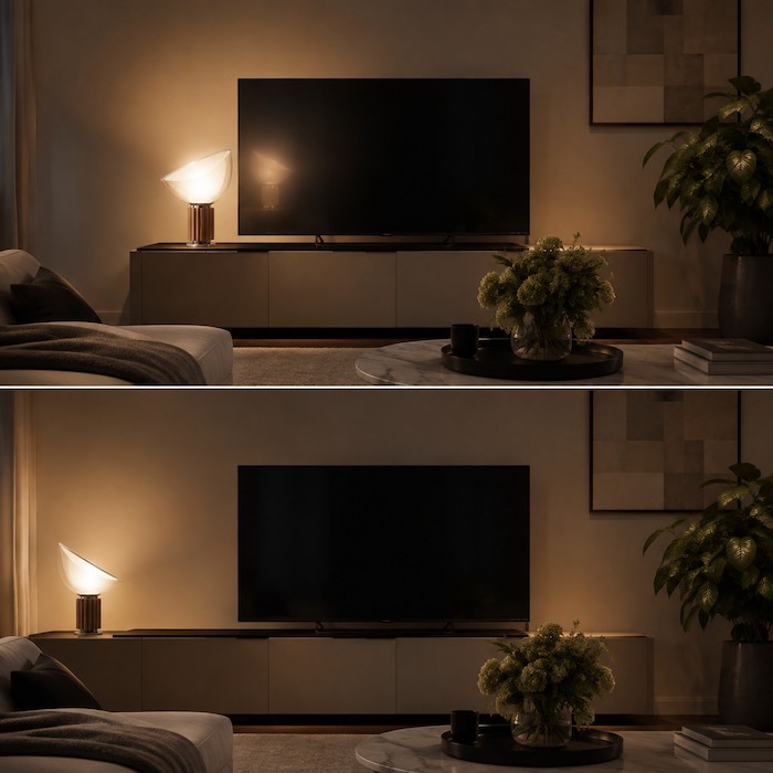 Same living-room television photographed before and after a lamp is moved outside the reflection path