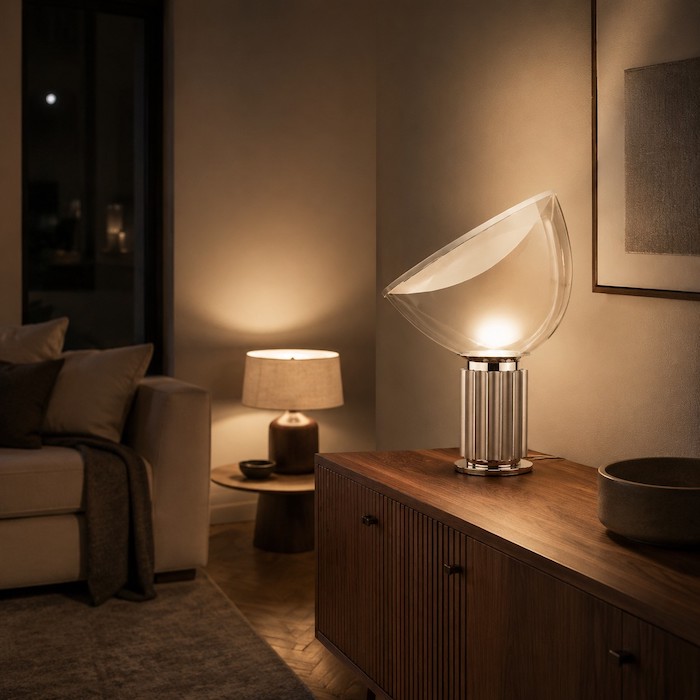 Glass bowl lamp balanced by a low shaded source across a European living room