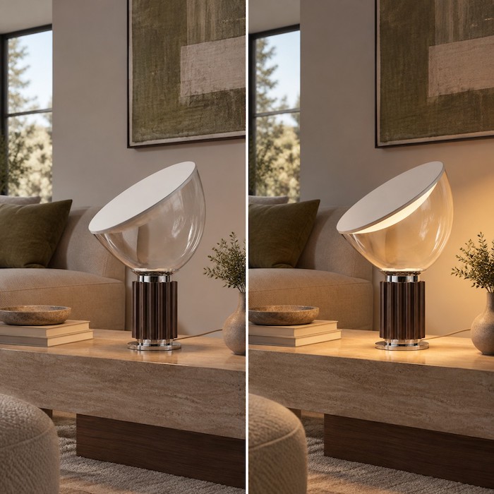 Same living room with the bowl-shaped table lamp switched off and on