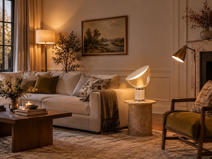 Living room using ambient, reading and background light at different heights