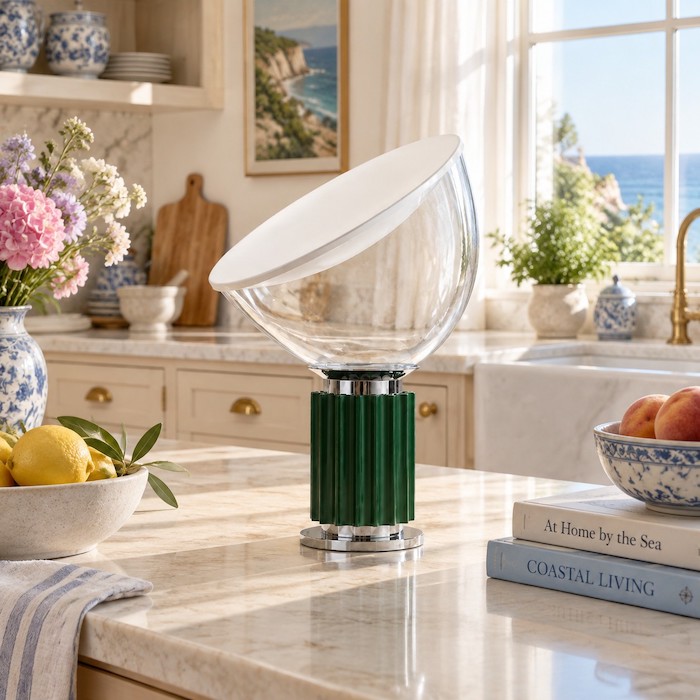 Bowl-shaped glass table lamp on a broad cabinet in a lived-in home