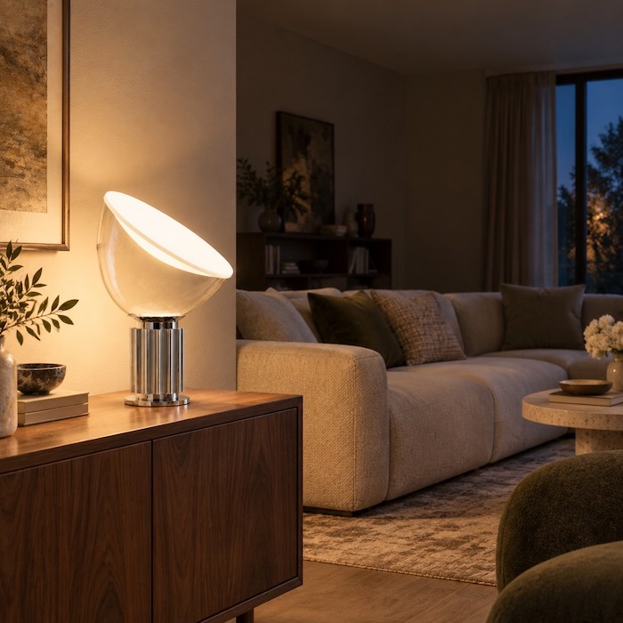Single table lamp creating a small hotspot while the far wall remains dark