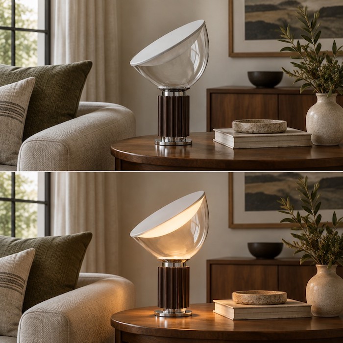 Same living room with the single table lamp switched off and on