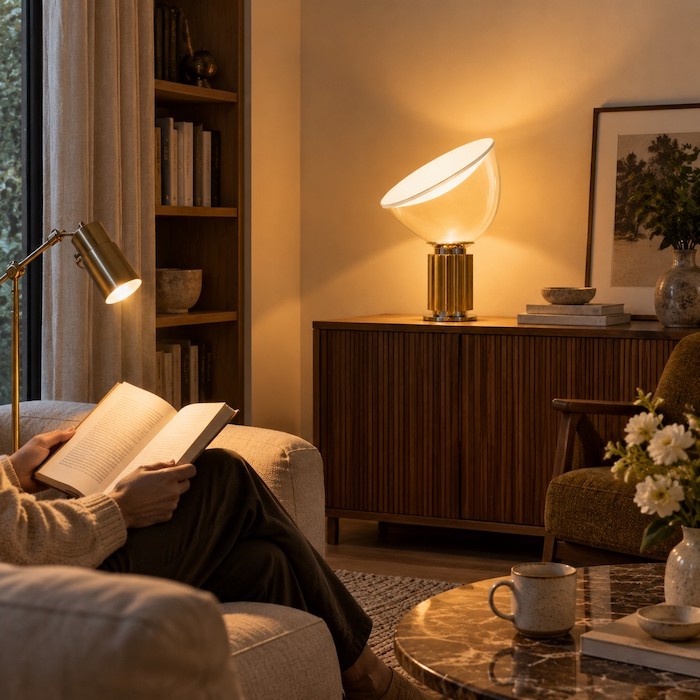 Ambient bowl lamp and directional task lamp shown in comparable living room settings
