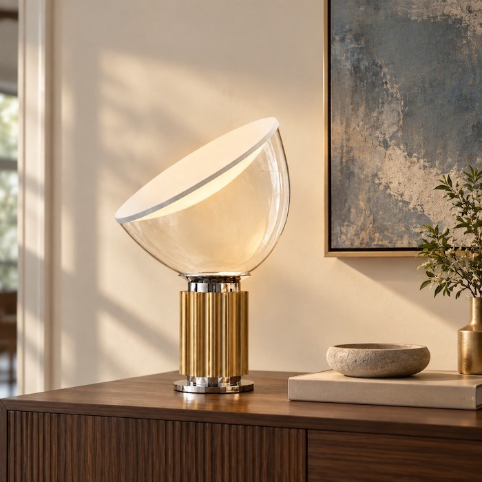 Bowl-shaped glass table lamp with clear space around it on a broad console