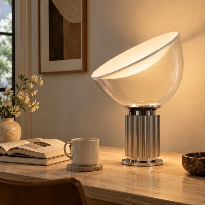 Warm table lamp light spreading across a side table without an exposed bulb