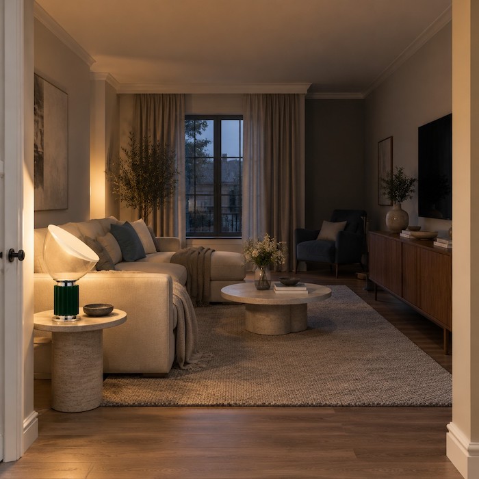 Wide living room view showing seating, console and an unlit corner