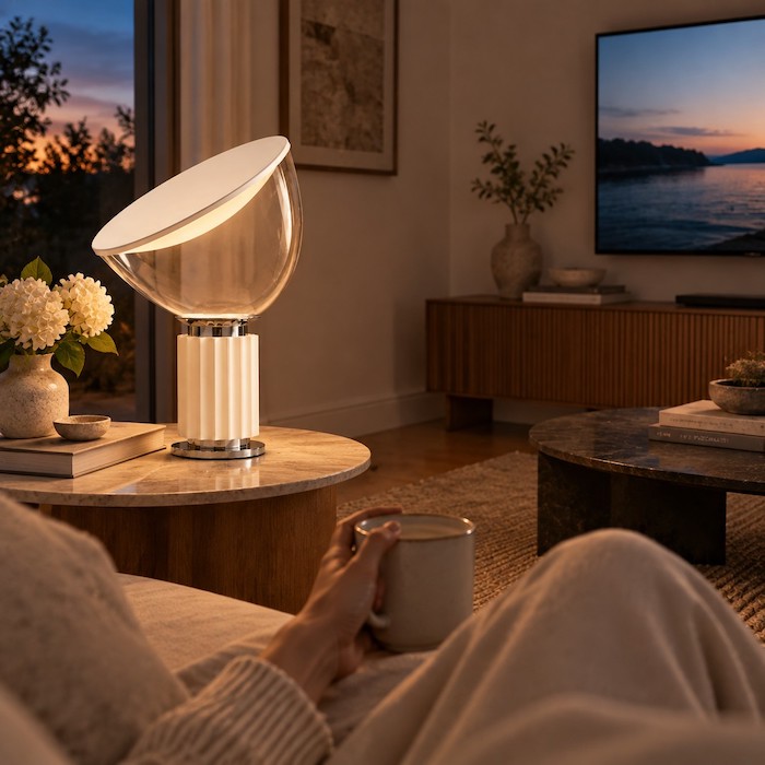 Person seated beside a table lamp while checking reach and sightline