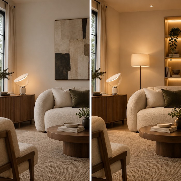 Comparable living rooms showing isolated light and balanced light across several zones