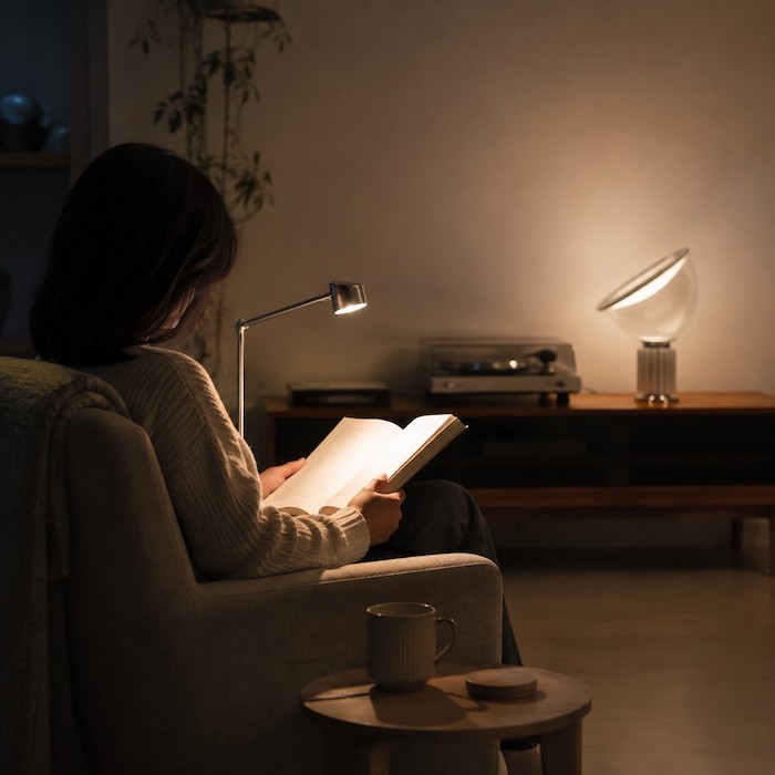 Person reading beside an ambient table lamp with a separate directional light