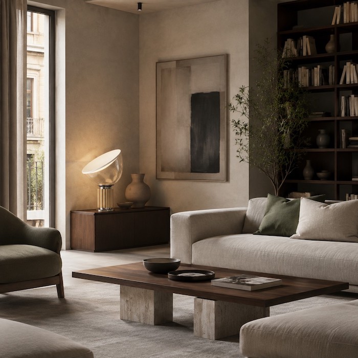Asymmetrical living room arrangement balanced by one substantial table lamp
