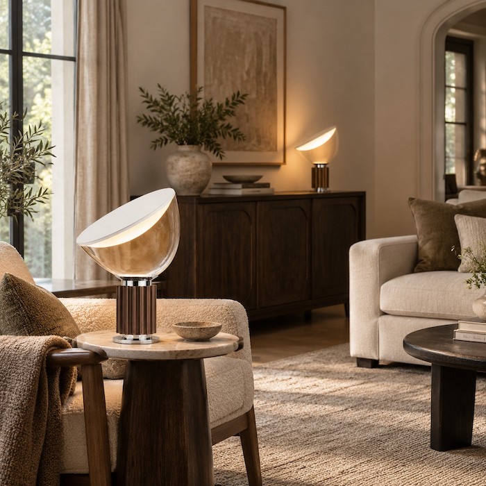Bowl-shaped table lamp shown beside a sofa and on a console in comparable rooms