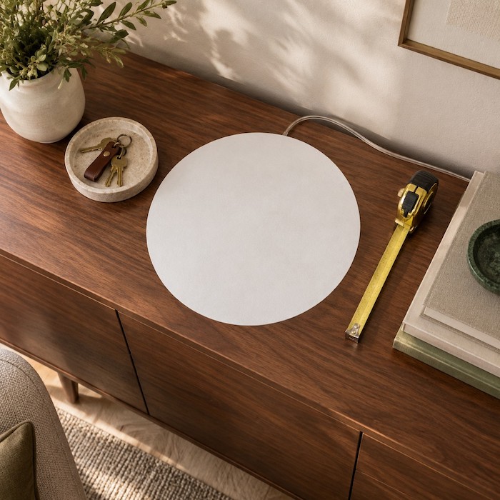 Paper circle marking the full lamp footprint on a wooden console