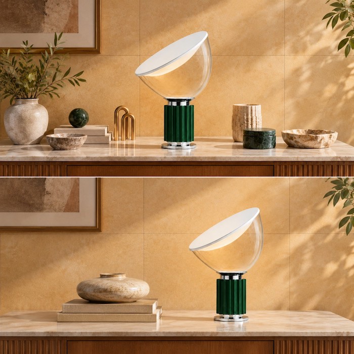 Small lamp improved by off-centre placement with one low ceramic object