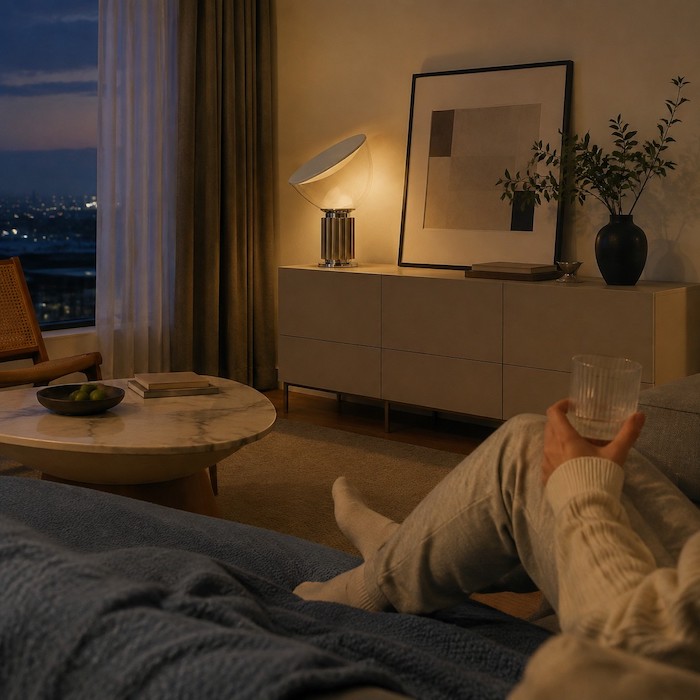 Lamp height checked from a seated sofa view without exposing the bright reflector