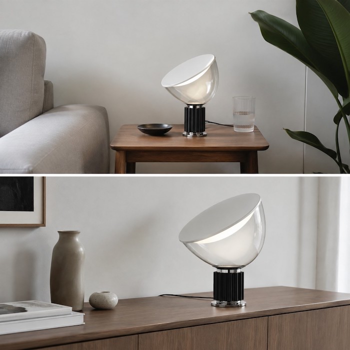 Small and large glass bowl lamps shown on appropriately sized furniture