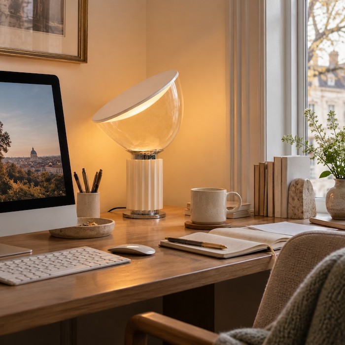 Glass table lamp placed beside a laptop with a clear writing area