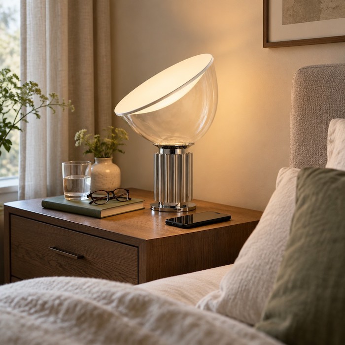 Bedside lamp position checked from a natural seated pillow height