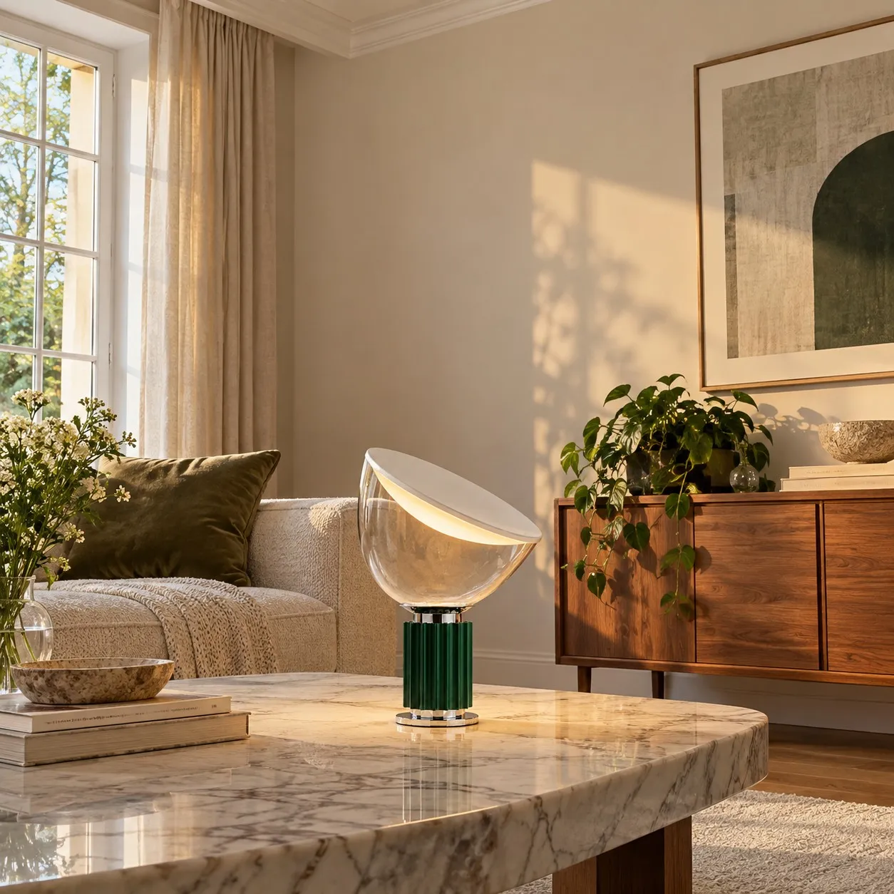 Table and floor lamps spreading reflected light across walls and ceiling.