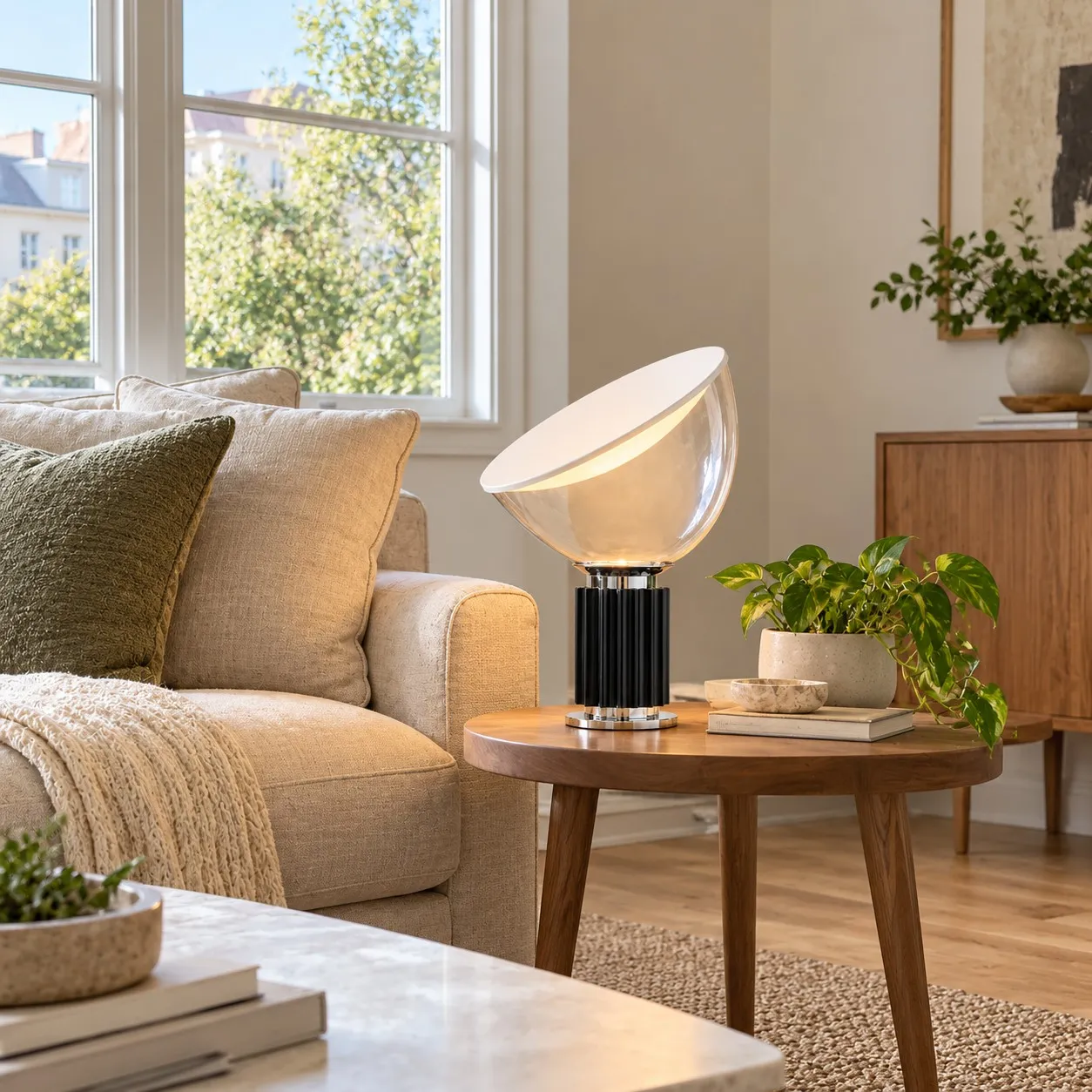 North-facing living room balanced with diffuse daylight and a table lamp.