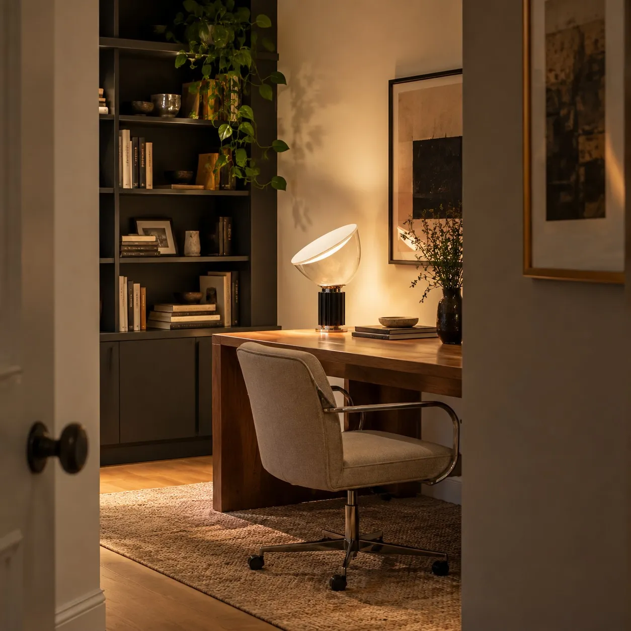 Visible orientation light near the entrance of a windowless room.