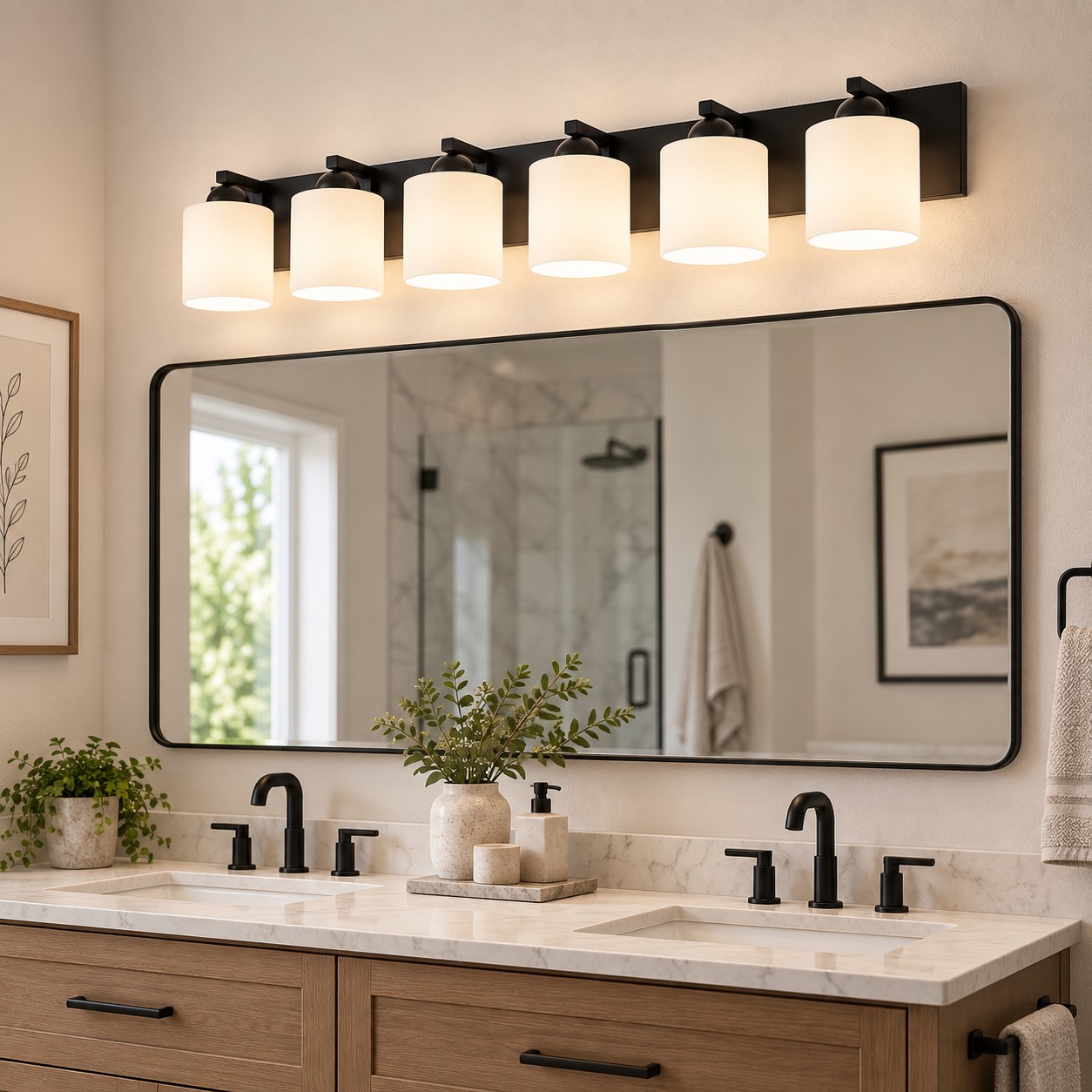 Glass Bathroom Vanity Light with one to six lights and three metal finishes