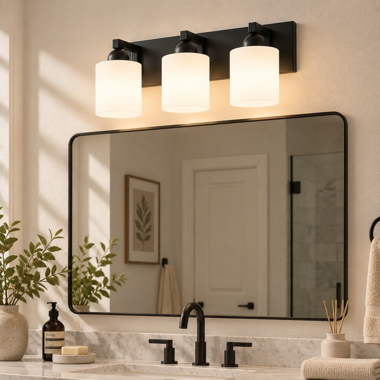 Glass Bathroom Vanity Light with one to six lights and three metal finishes