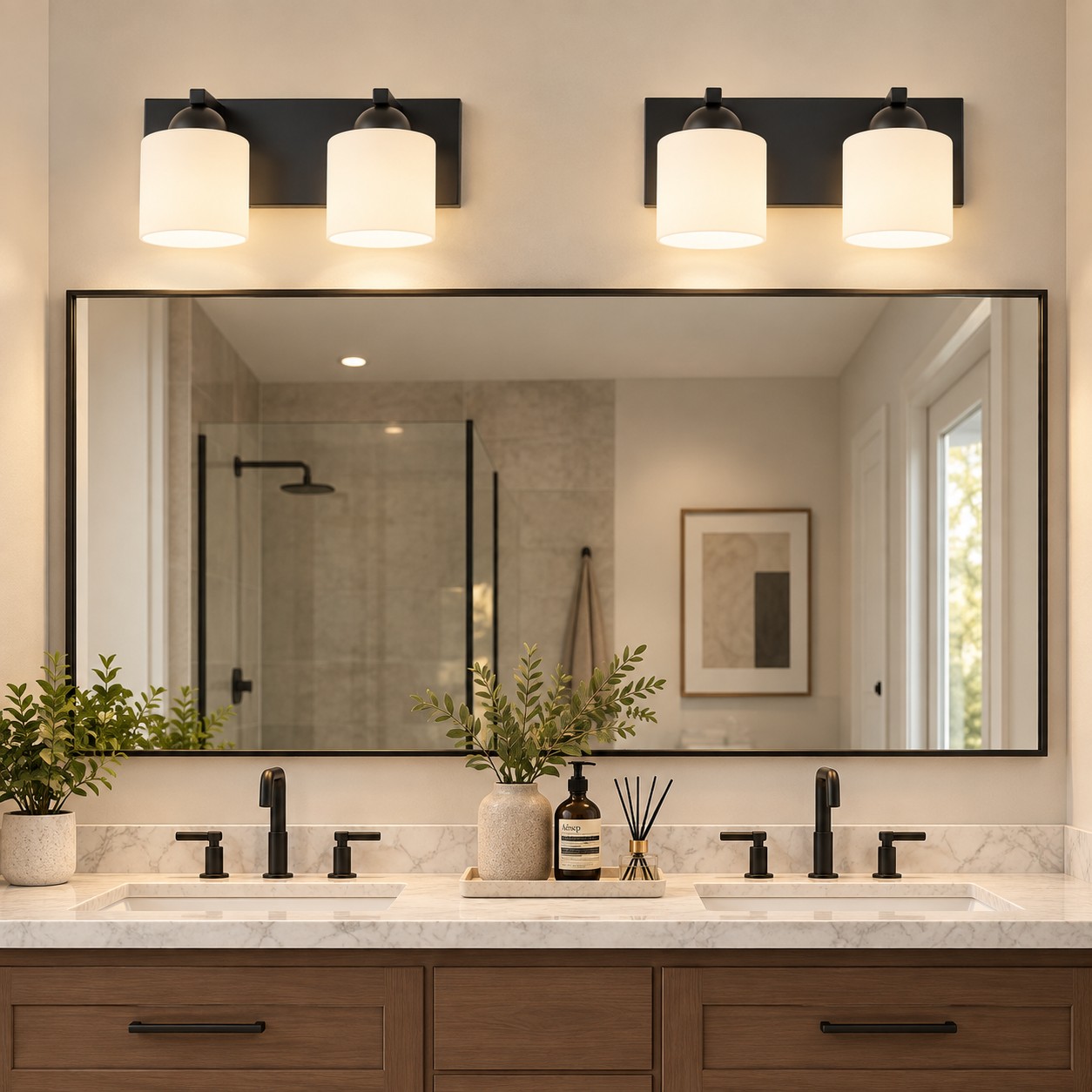 Glass Bathroom Vanity Light with one to six lights and three metal finishes