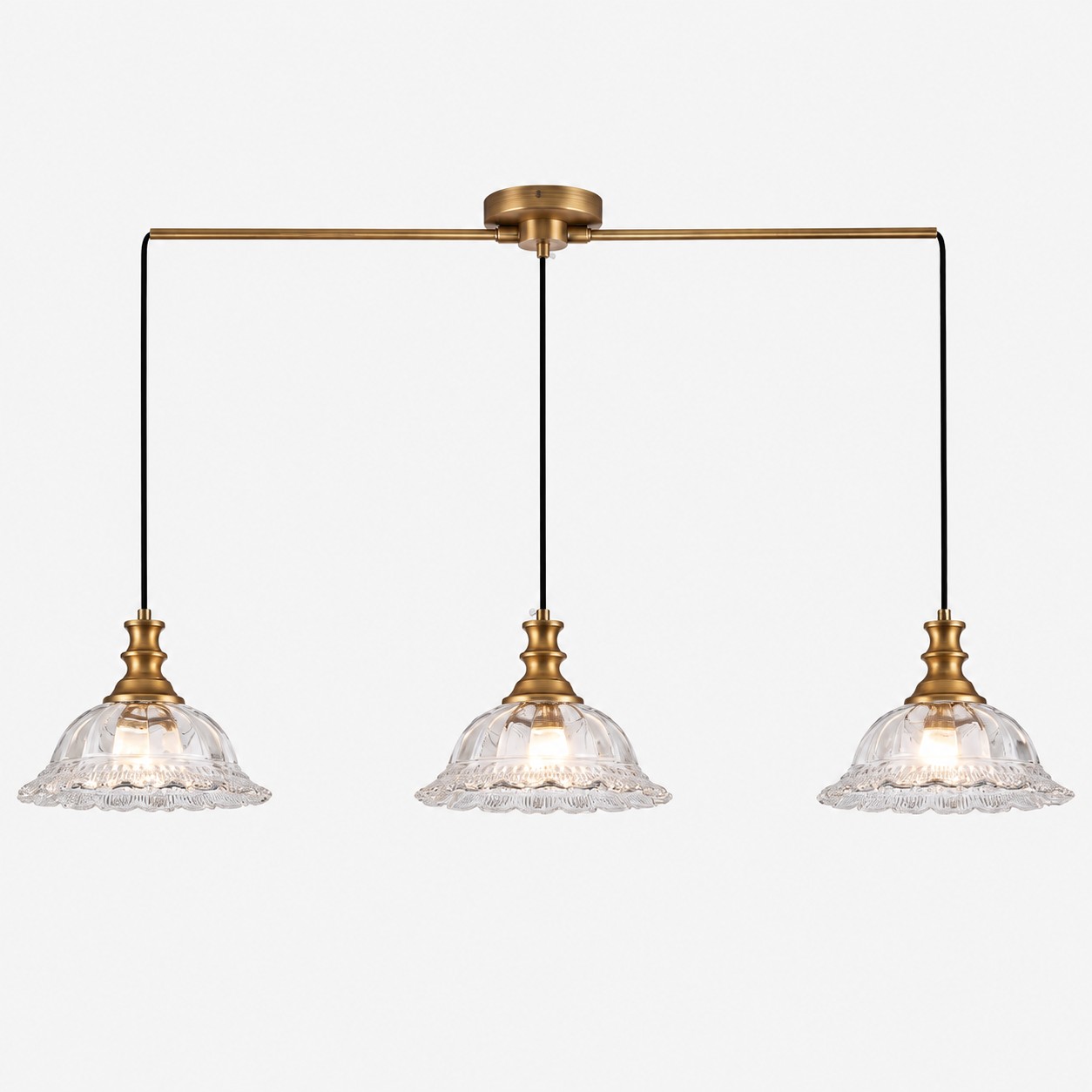 Vintage Fluted Glass Pendant with brass or black metal and one to three lights