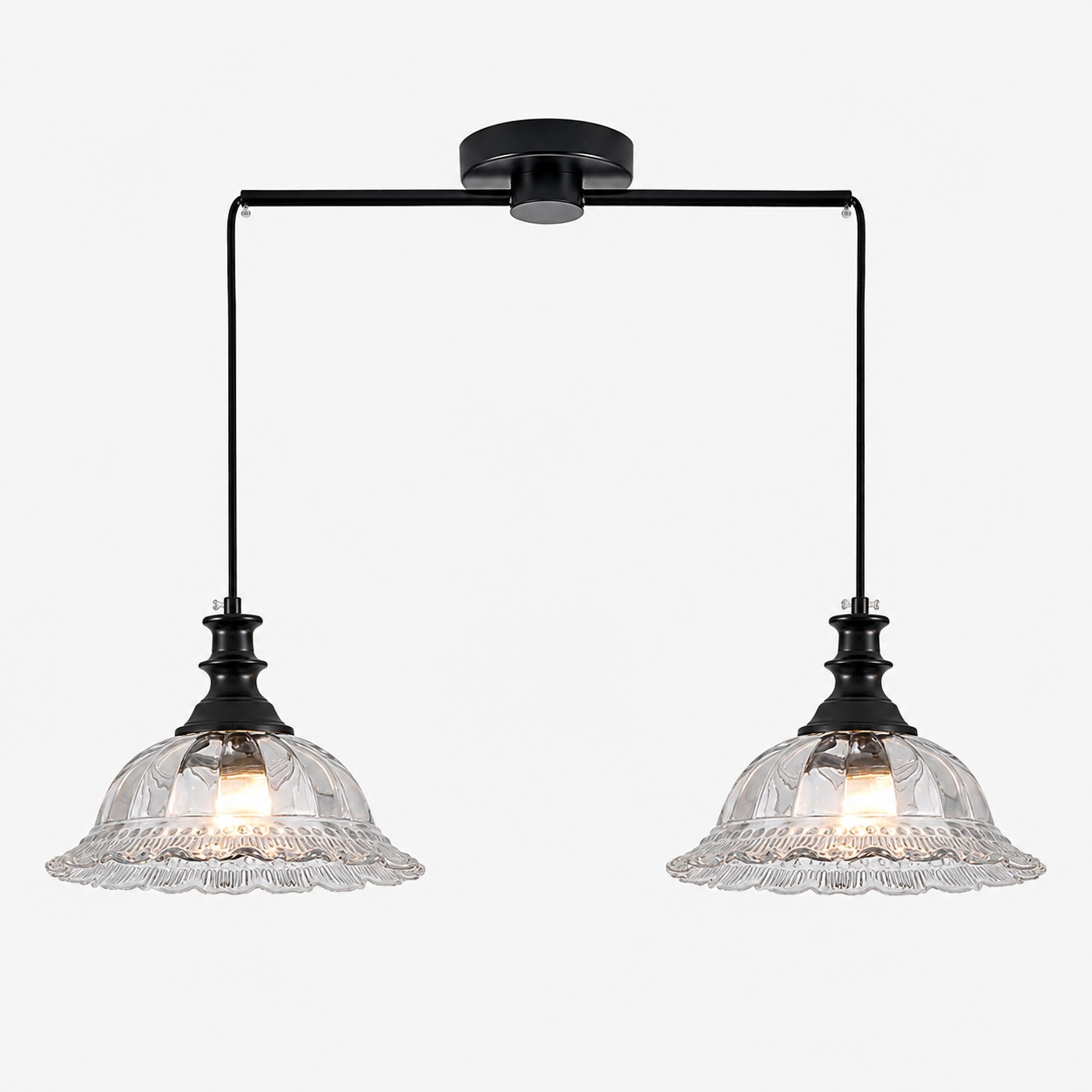Vintage Fluted Glass Pendant with brass or black metal and one to three lights