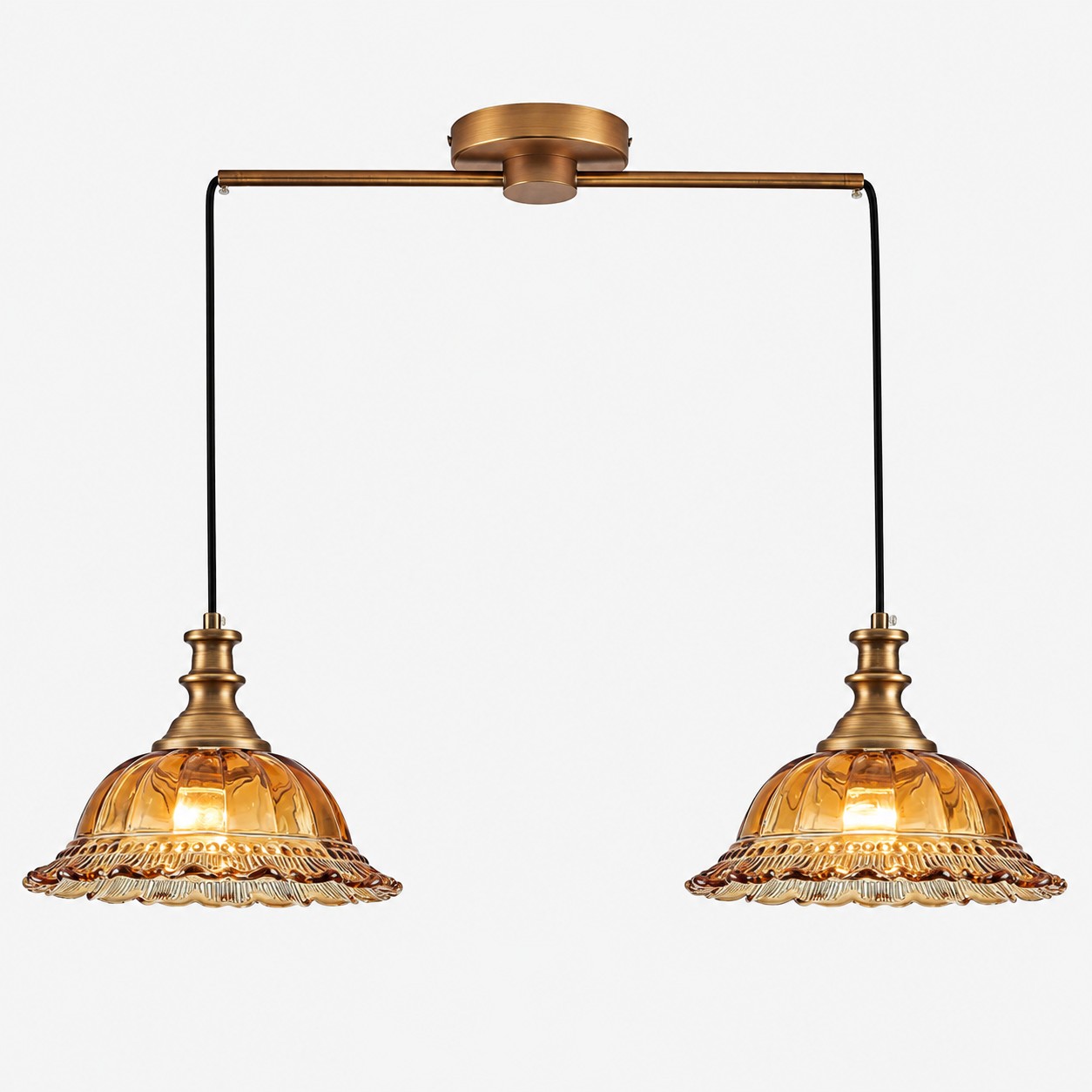 Vintage Fluted Glass Pendant with brass or black metal and one to three lights