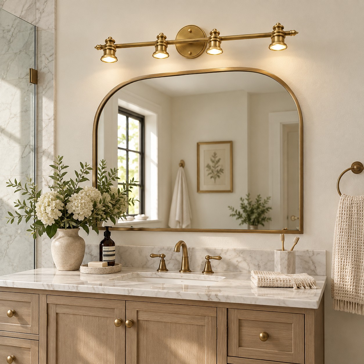 Aurelia Brass Vanity Wall Light with one to five heads and natural brass
