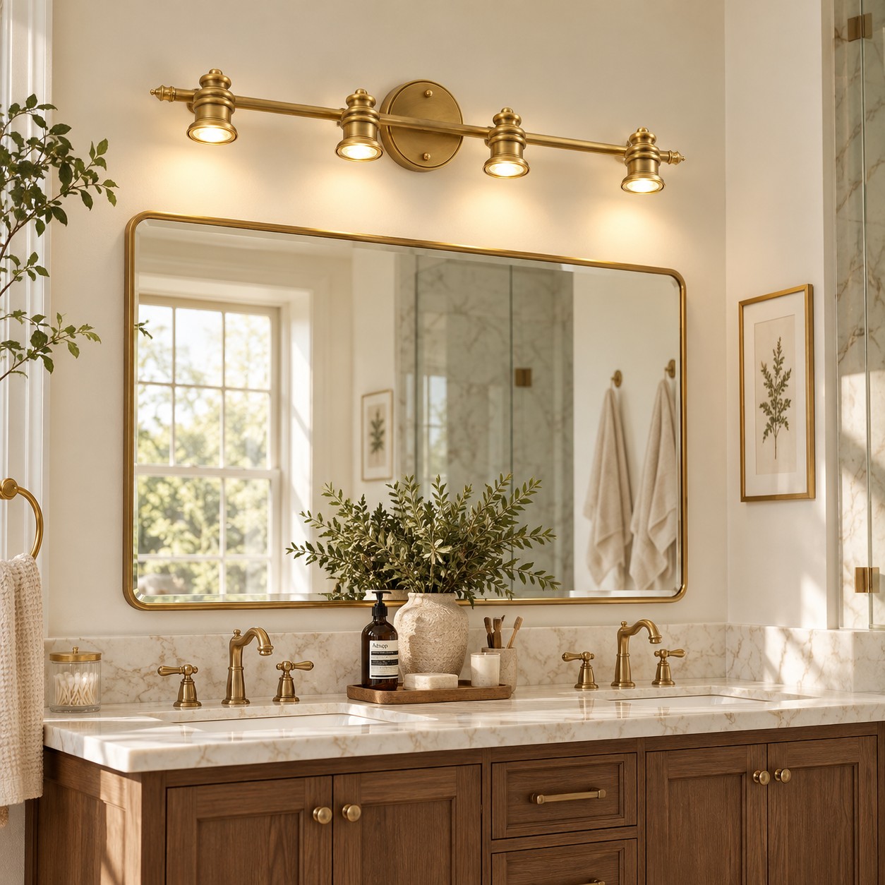 Aurelia Brass Vanity Wall Light with one to five heads and natural brass
