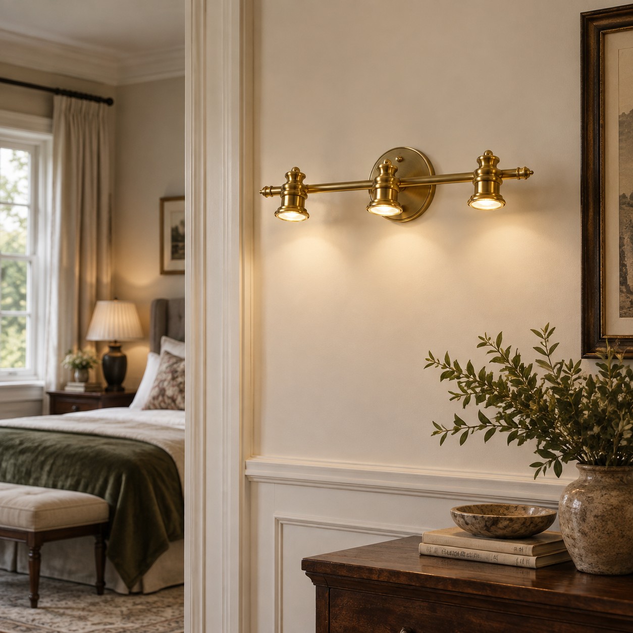 Aurelia Brass Vanity Wall Light with one to five heads and natural brass