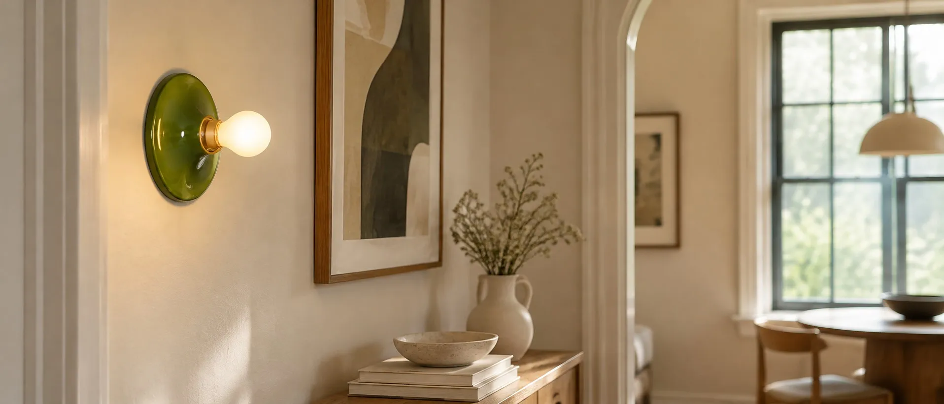 White polycarbonate disc light on a dining room wall