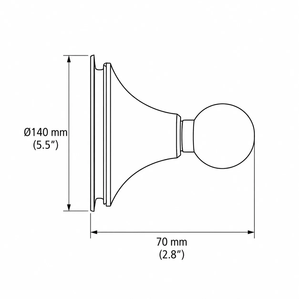 Disc light dimensions, diameter 5.5 inches / 14 cm, depth 2.75 inches / 7 cm