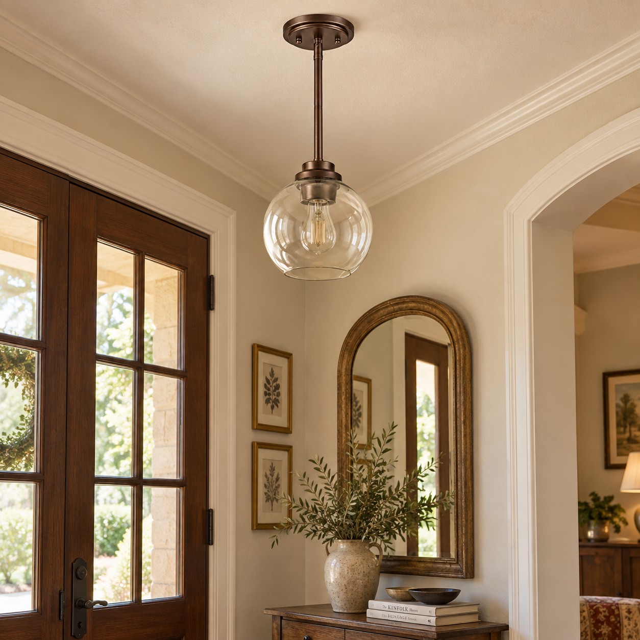 Clear Glass Globe Pendant with metal finish options and one to three items