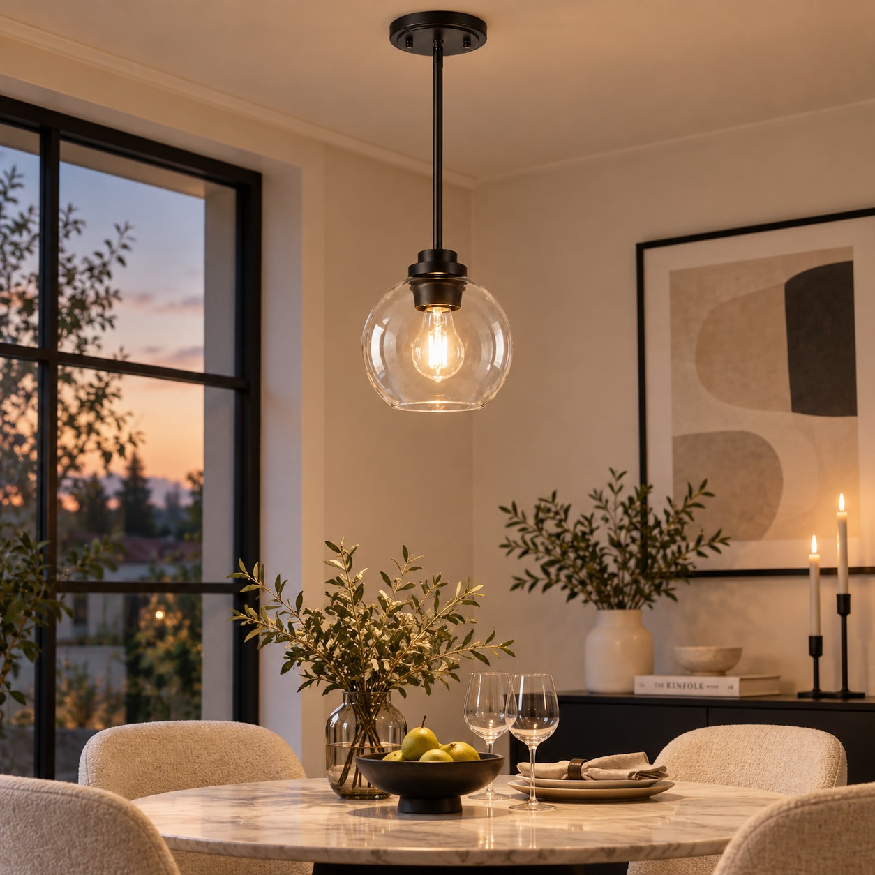 Clear Glass Globe Pendant with metal finish options and one to three items