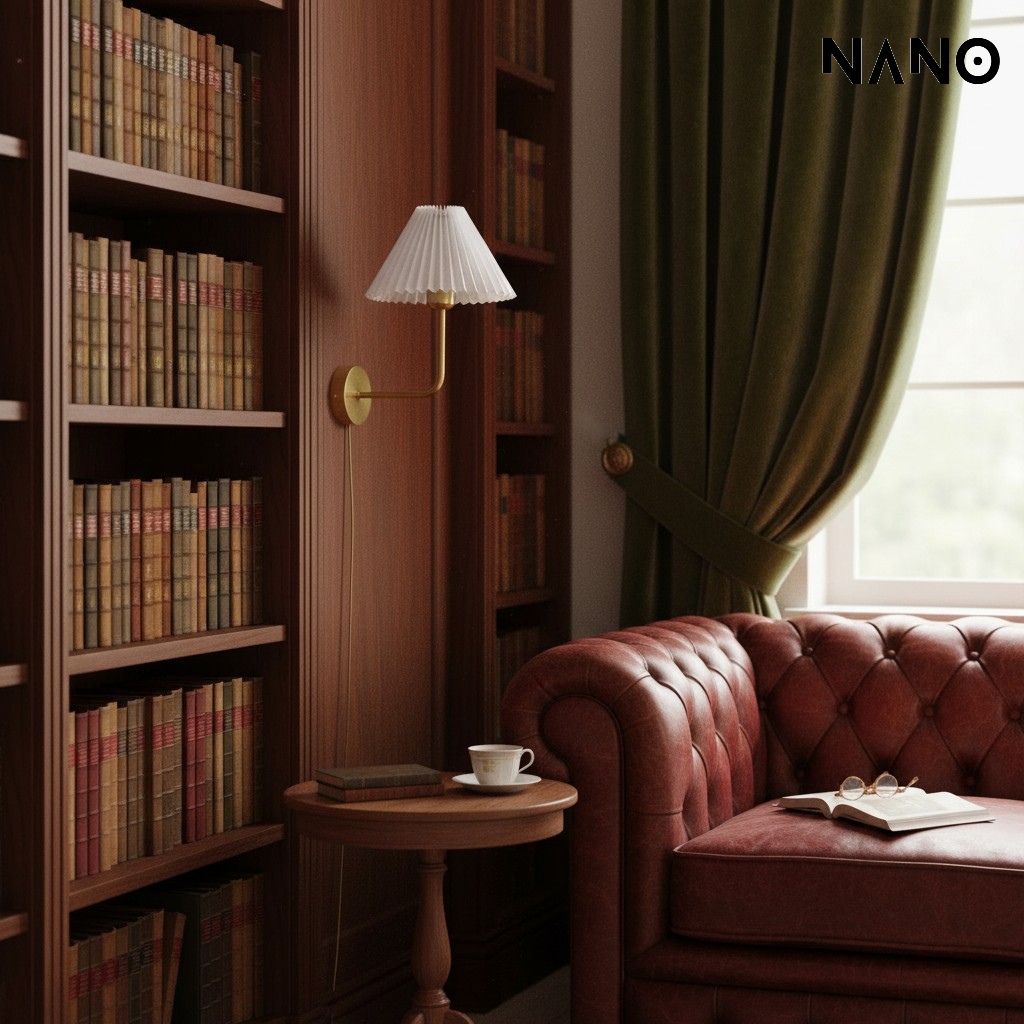 Applique da parete plissettata Curvona accanto a una poltrona da lettura in biblioteca