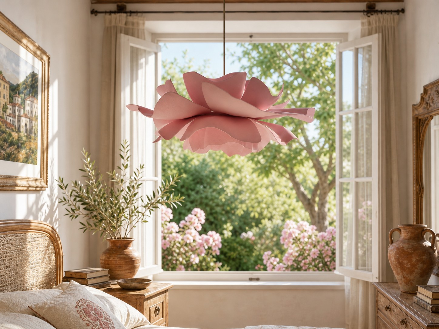 Pink Blossenari pendant lamp in a bright sitting room