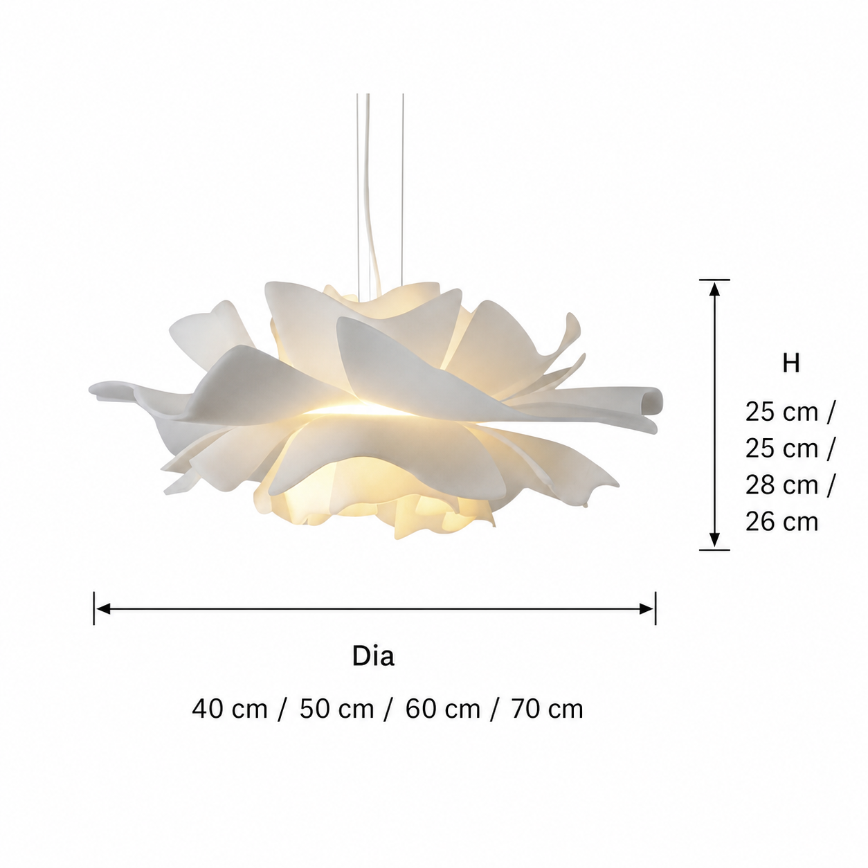 Blossenari pendant lamp dimensions for 40, 50, 60 and 70 cm sizes