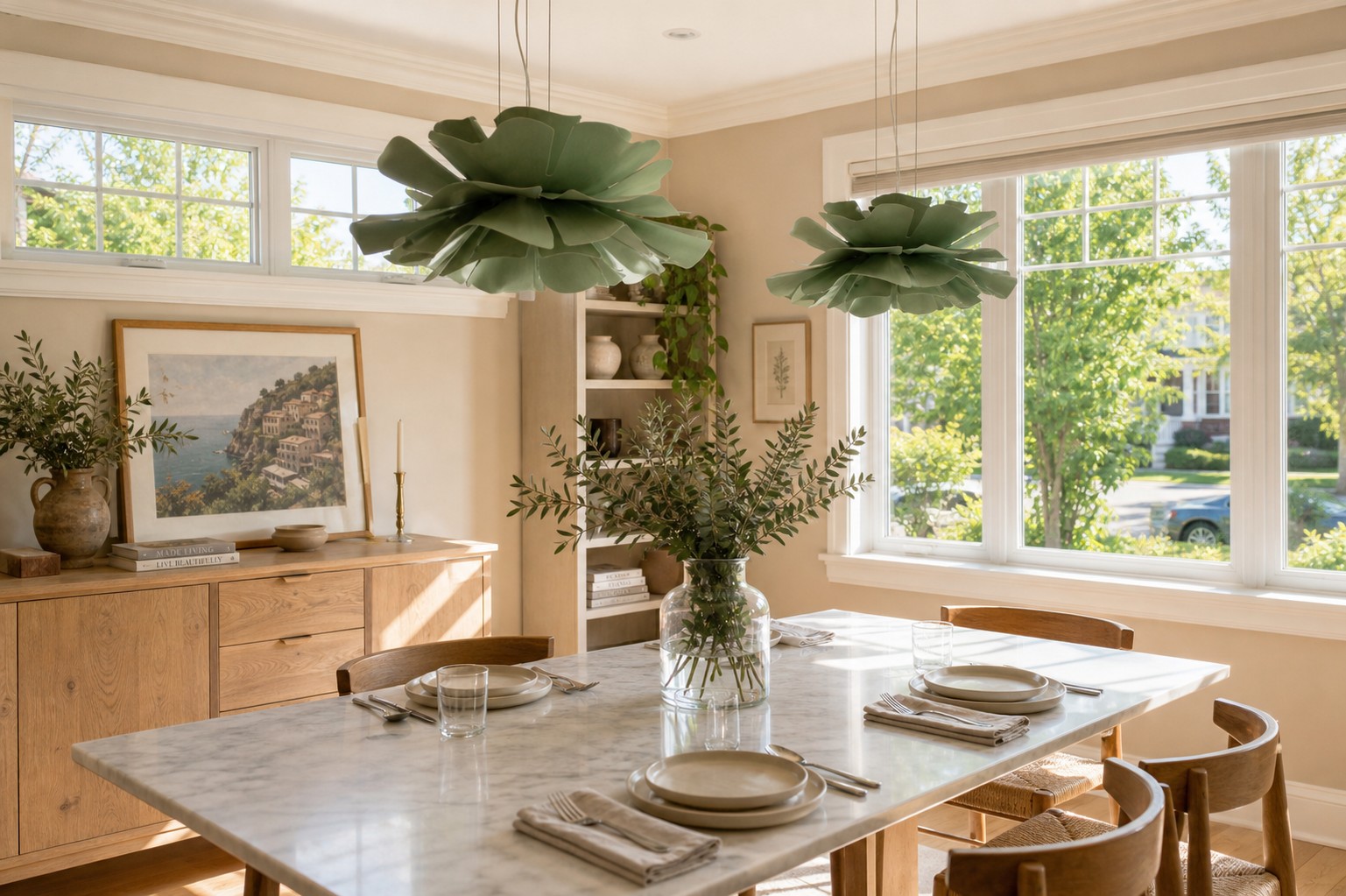 Sage green Blossenari pendant lamp above a kitchen island